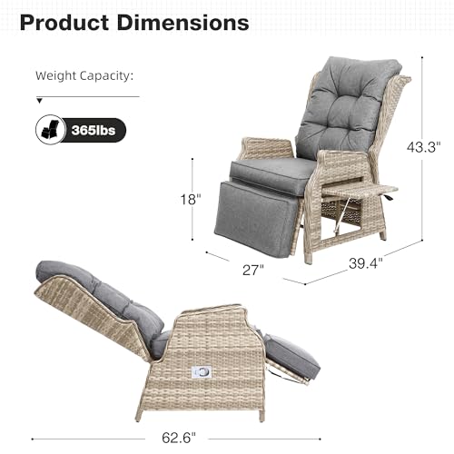 Outdoor Recliner with Adjustable Back and Footrest, Patio 150 Lay Flat Recliner with Flip Table Wicker Reclining Lounge Chair, Grey with Beige Wicker 2PCS - color: Grey With Beige Wicker, size: 2PCS