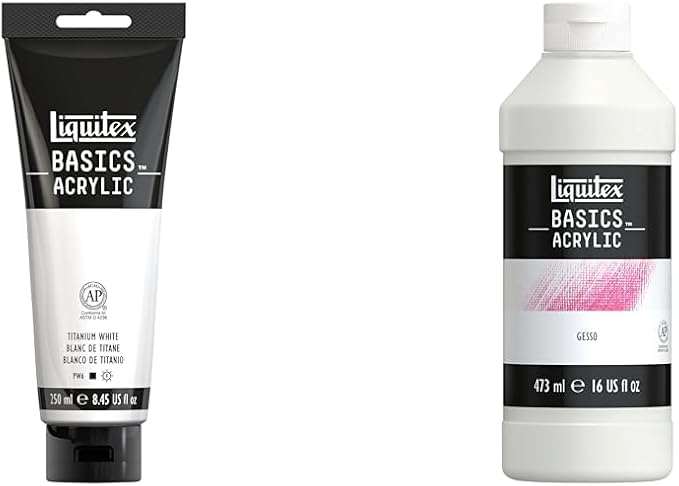 Liquitex BASICS Acrylic Paint, 250ml (8.5-oz) Tube, Titanium White + Liquitex BASICS Gesso Surface Prep Medium, 473ml (16-oz) Bottle, White
