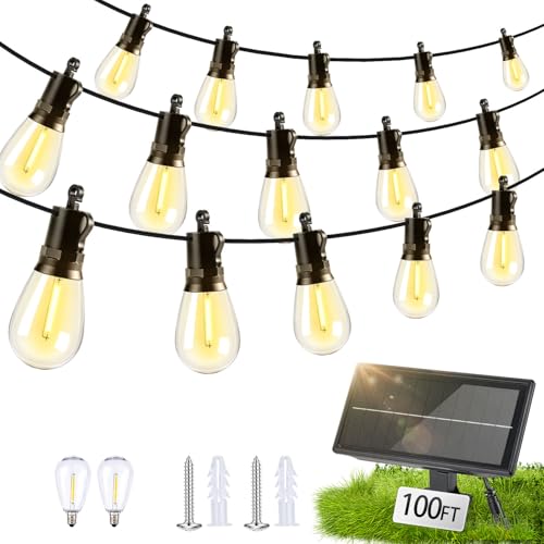 Solar Lights Outdoor Patio Lights: S14 30M 100FT Solar Powered 3 Light Modes Solar Waterproof Light - Shatterproof Bulbs - Camping Backyard Garden Deck Outside Yard - style: 100FT-Button