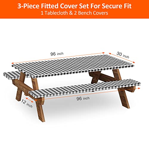 8ft Picnic Table and Bench Cover, Camping Essentials RV Gear, 96 in Waterproof Windproof Outdoor Elastic All Around Tablecloth, Fitted Rectangle Tables and Seats, Black-White Checkered - color: Black-white Checkered, size: 96"