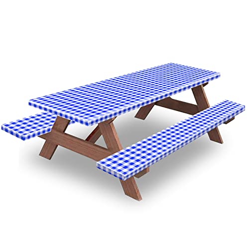 8ft Picnic Table and Bench Cover, Camping Essentials RV Gear, 96 in Waterproof Windproof Outdoor Elastic All Around Tablecloth, Fitted Rectangle Tables and Seats, Blue-White Checkered - color: Blue-white Checkered, size: 96"