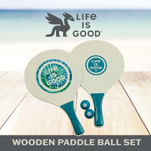 Life is Good Wooden Paddle Ball Set (Happiness in Waves), 2 Wooden Paddles & 2 Balls, Contoured Grip Handles, Travel-Ready Family Game for Park, Picnic, Yard, and Campsite Play - color: Happiness in Waves
