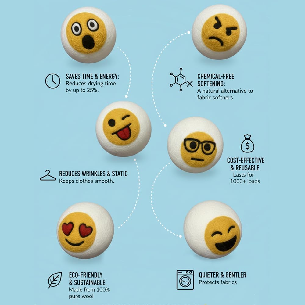 Ezhippie Quality Wool Dryer Balls - 6 XL Emoji Pack - 1000+ Loads - Pure Organic Wool - Reusable Natural Fabric Softener Perfect with Essential Oils, Reduce Clothing Static and Wrinkles