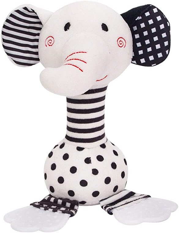 D-KINGCHY Baby Toys 0-12 Months, Black and White Newborn Toys, Soft Plush Rattle Stuffed Animal Toy with Teether and Sound, Developmental Hand Grip Toys (Elephant)