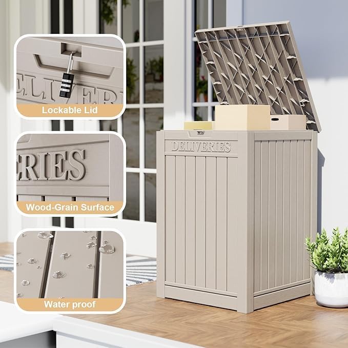 EasyUp Outdoor Package Delivery Box, 48-Gallon Lockable Parcel Drop Box, Large Double-Walled Resin Weatherproof Storage Deck Box for Porch and Patio (Gray)