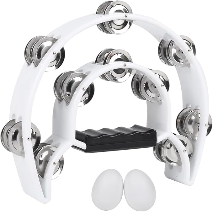 Tambourine Musical Instrument for Adults Church - 10 Inch Half Moon Tambourines with Egg Shakers Double Row Metal Jingles Handheld Percussion Instruments for Dance Party Events KTV (White)