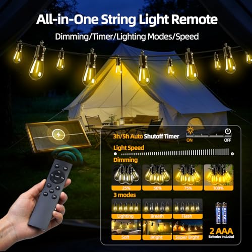 Solar Lights Outdoor Patio Lights: S14 15M 50FT Solar Powered Remote Control 3 Light Modes Dimmable Solar Waterproof Light - Shatterproof Bulbs - Camping Backyard Garden Deck Outside Yard - style: 50FT-Remote