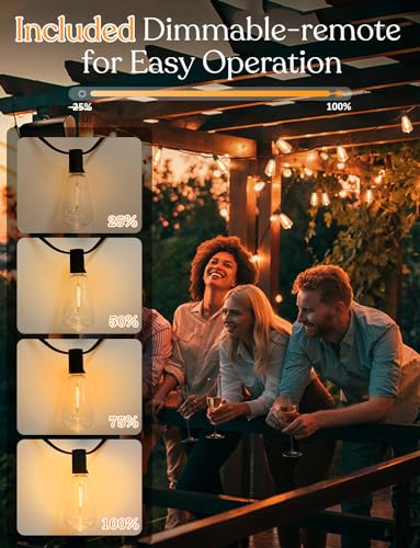150ft Solar Outdoor String Lights with Remote - USB Rechargeable Solar Powered Outdoor Patio Lights - Timer, Dimmable Shatterproof ST38 Bulbs for Backyard, Garden, Pool - size: 150 Feet