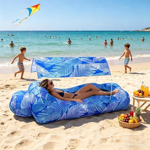 Inflatable Air Lounger, Pool Air Sofa with Sun Shade, No-Pump Blow Up Couch for Outdoor Camping, Hiking, Picnic, Vacation, Backyard, Seaside