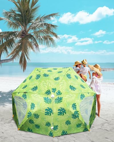 OutdoorMaster Pop Up Beach Umbrella, Portable Beach Tent Shelter, Beach Shade Sun Canopy with UPF 50+ UV Protection, Extendable Floor with Carrying Bag - color: Yellow Leaf-a