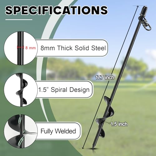 Tinnmao 4-Pack 17.7" Tent Stakes Heavy Duty, with 8" Ratchet Tie Down Straps (1/8" φ) Kit for High Wind, 8mm Solid Steel Spiral Ground Anchors Screw in for Tarp | Canopy | Sand Beach Camping Tent - size: 4 Pack