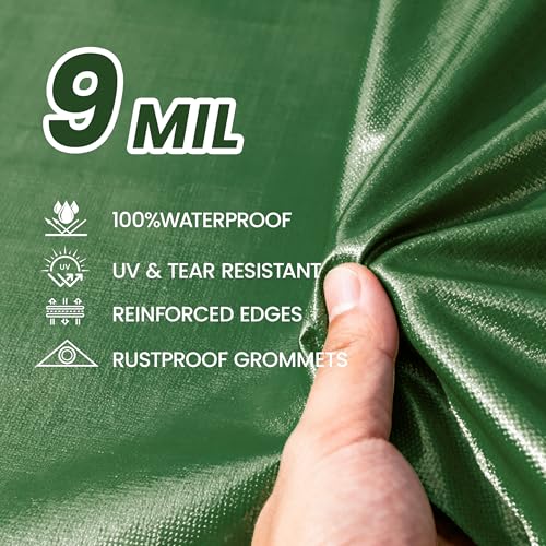 Waterproof 10 x 12 Feet Tarp Heavy Duty 9-mil Thick Multi-Purpose Covers Army Green PE Tarpaulin - color: 9mil Army Green, size: 10x12 FT