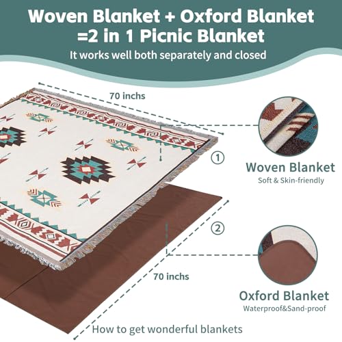 2 in 1 Extra Large Outdoor Picnic Mat Woven Summer Throw Blanket Boho Giant Beach Travel Essential Yoga Accessories Park Patio Lawn Garden Grass Ground Play Music Festival Concert Must Have - color: Boho Beige