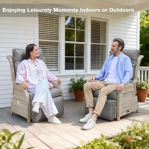 Outdoor Recliner with Adjustable Back and Footrest, Patio 150 Lay Flat Recliner with Flip Table Wicker Reclining Lounge Chair, Grey with Beige Wicker 2PCS - color: Grey With Beige Wicker, size: 2PCS