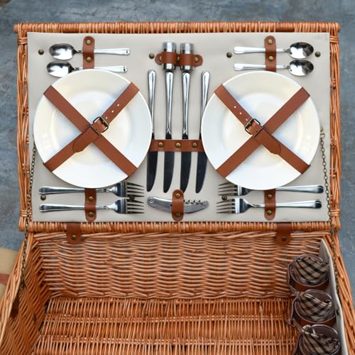 Picnic at Ascot Original Dorset English-Style Willow Picnic Basket with Service for 4 and Blanket- Designed, Assembled & Quality Approved in the USA - color: Wicker With London Plaid Plates/Napkins