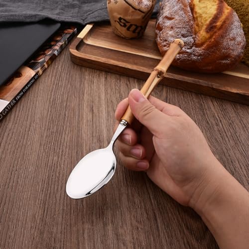 8-Piece Bamboo Handle Dinner Spoon Set, Stainless Steel Spoons for Kitchen Home and Restaurant, Mirror Polished, 8.03 inch - color: 8-Piece Dinner Spoon
