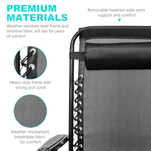 SZHLUX Set of 2 Adjustable Steel Mesh Zero Gravity Lounge Chair Recliners w/Pillows and Cup Holder Trays
