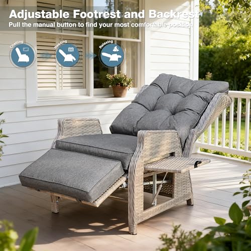 Outdoor Recliner with Adjustable Back and Footrest, Patio Recliner with Flip Table Wicker Reclining Lounge Chair, Grey with Beige Wicker - color: Grey With Beige Wicker, size: 1PCS