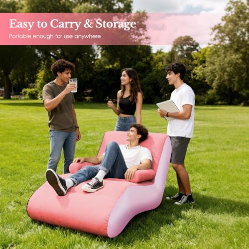 Inflatable Indoor Living Room Chair Lounge with Handrails, Inflatable Foldable Deck Chair with Air Pump, Outdoor Travel Camping Picnic Beach Chaise Lounges(Pink) - color: Pink
