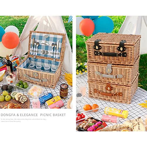 Stainless Steel Tableware Cutlery Set, Picnic Basket Natural Wicker Picnic Hamper Picnic Hamper Cutlery Set Insulated Wicker Flatware Set (Red White Grid 4 Person) - color: Red White Grid, size: 4 Person