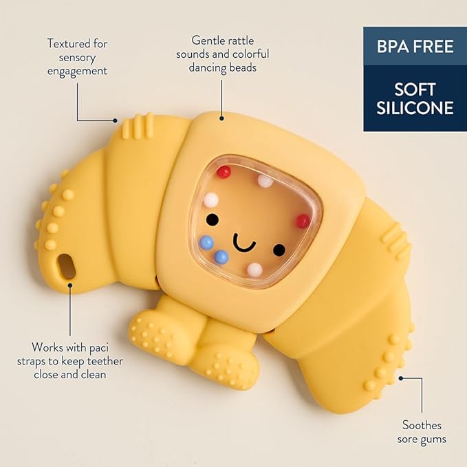 Itzy Ritzy Silicone Rattle Teether– BPA-Free Silicone Teether with Rattle for Babies & Toddlers – Features a Gentle Rattle Sound, Colorful Beads & Multiple Textures (Croissant)