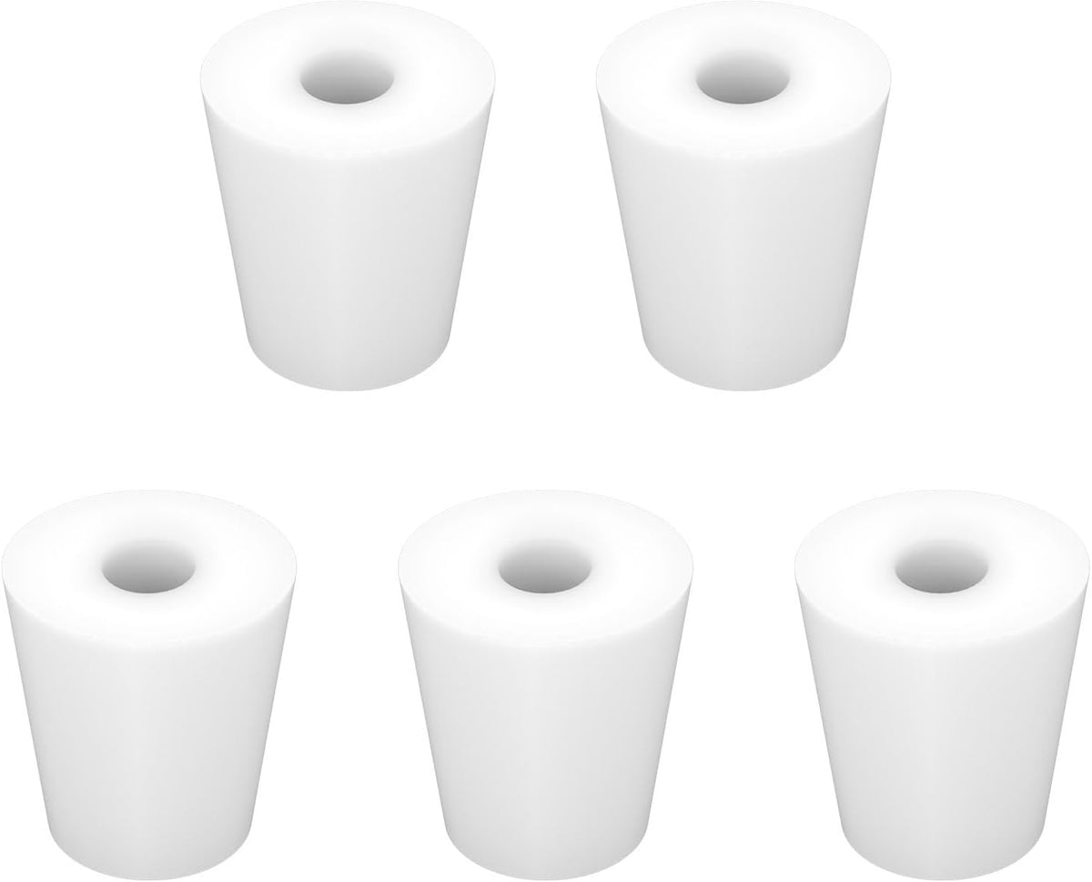 Labasics 5-Pack 4# Single-Hole Silicone Stoppers, White Tapered Lab Seal Stoppers with 0.31" Hole, Durable and Reusable Silicone Plugs for Laboratory Glassware, Airtight Sealing, and Experiments