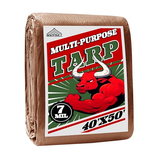 Tarp 40x50 ft 100% Waterproof 7mil Durable Grommets and Reinforced Edges,Uv Resistant,Green/Brown Tarp,Emergency Rain Shelter,Outdoor Cover and Camping Use -by MVPNET - size: 40x50
