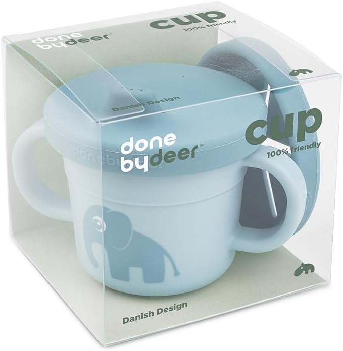 Done by Deer Elphee Blue Snack & Sippy Cup – Spill-Proof Toddler Cup with Soft Spout, Easy-Grip Handles, and Snap-On Lid – Perfect for 6-Month-Olds
