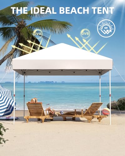 GarveeLife 10x10 Pop Up Canopy with One Button Push Setup - Heavy Duty Outdoor Canopy Tent with Portable Roller Bag - 3 Adjustable Height, 4 Weight Bags, 8 Stakes & 4 Guy Ropes Included, White - color: White