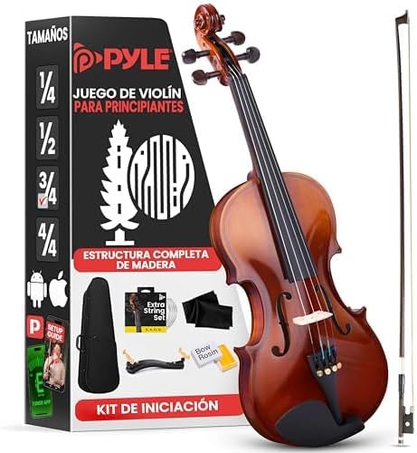 Pyle 3/4 Size Beginner Violin Starter Kit, Violin Starter Package with Travel Case & Bow, Extra Strings, Digital Tuner, Shoulder Rest & Cleaning Cloth for Students, Kids, Adults