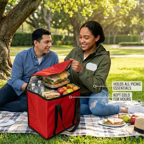 JoEzzy Insulated Bags – Large Thermal Food Delivery Bag & Reusable Shopping Tote – Heavy Duty Cooler Bag for Catering, Picnics, Beach, & Office Lunch – Collapsible, Stands Upright, Red - color: 4-Pack (Bag)