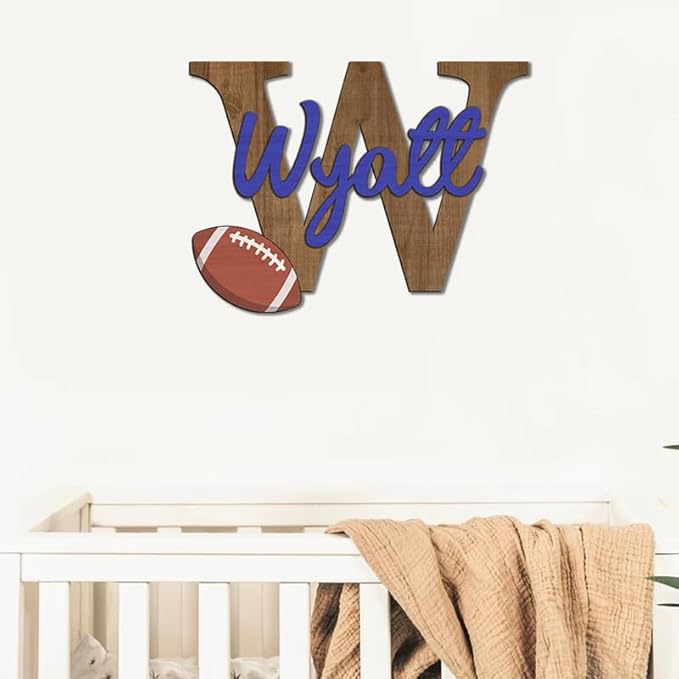 Personalized Football Name Sign, Wooden Monogram Name Sign, 2 Layers of Wood, Football Nursery Decor, Baby Name Sign Wood Sign, Football Gift, Nursery Name Sign for Baby Boy gift/21