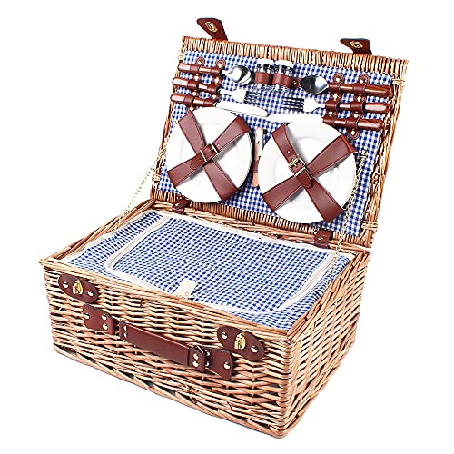 4 Person Picnic Basket, 19 Set Vintage Wicker Basket Picnic Ware Set for 4 Willow Hamper Ware Set