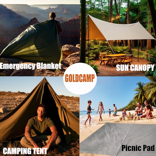 GOLDCAMP Waterproof Camping Tarp，70D Nylon 10X10FT Hammock Rain Fly ，UV 50+ and PU15000mm Tent Tarp Shelter Canopy，Heavy Duty Multifunctional Sun Shade or Rain Fly Essentials for Hiking Backpacking - size: 10X10FT
