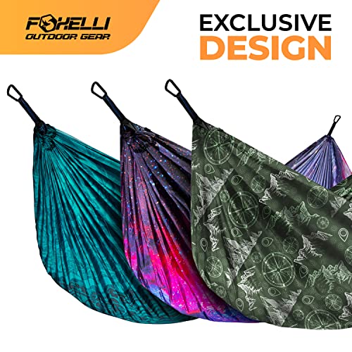 Foxelli Camping Hammock – Ultralight Hammock for Backpacking, Hiking, Festivals, Travel - Easy Setup with Tree-Friendly Ropes & Steel Carabiners, Heavy Duty Parachute Nylon - color: Adventures Green