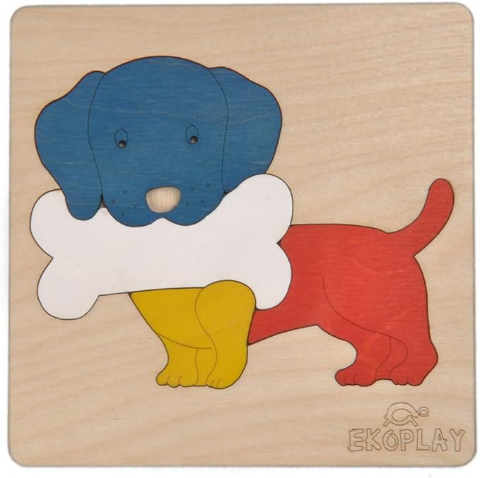 EKOPLAY’s Wooden Puzzles for Kids, 4 Piece Jigsaw Puzzle for Pre-School Kids, Learning Educational Toys Gifts for Boys Girls. Animal Puzzles Sets, Pets Dog with a Bone. Age 3+ Years.