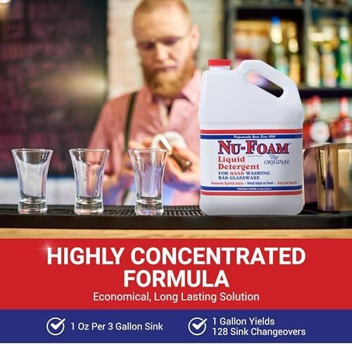 Nu-Foam Liquid Detergent for Bar Glassware – Original Streak-Free Solution - Hand Washing Bar, Tavern, Brewery Supplies - Spotless Serving Glasses - Concentrated- Easy On Hands - 5 gallon Pail