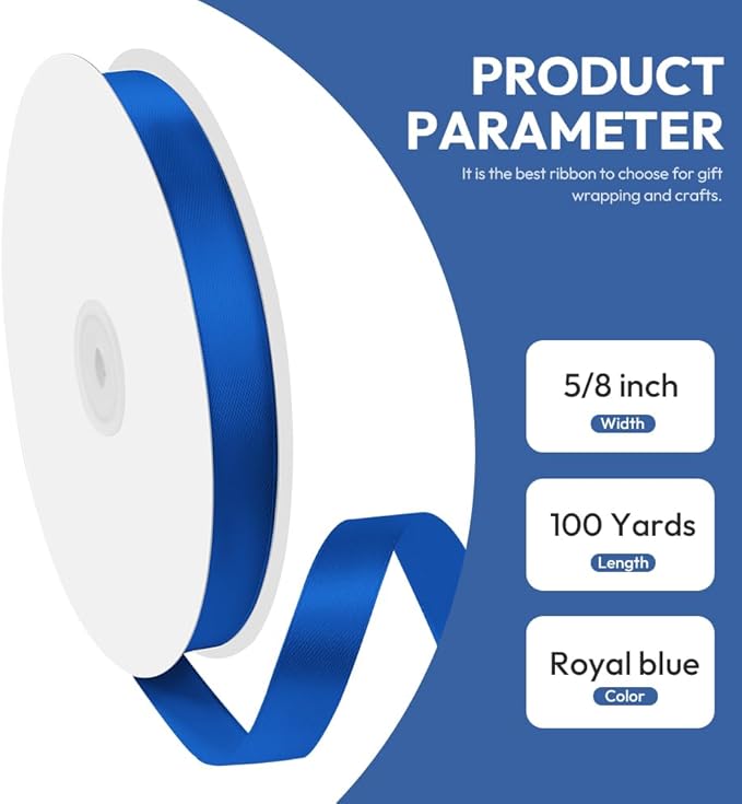 5/8" x 100 Yards Satin Ribbon - Royal Blue Silk Ribbon with Spool - Ideal for Gift Wrapping, Floral Bouquets, Crafts, Wedding Party Decorations, Christmas and Sewing Projects