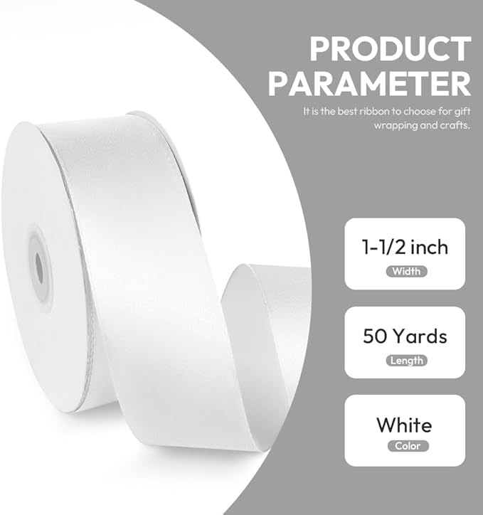 1-1/2" x 50 Yards Satin Ribbon - White Silk Ribbon with Spool - Ideal for Gift Wrapping, Floral Bouquets, Crafts, Wedding Party Decorations, Christmas and Sewing Projects
