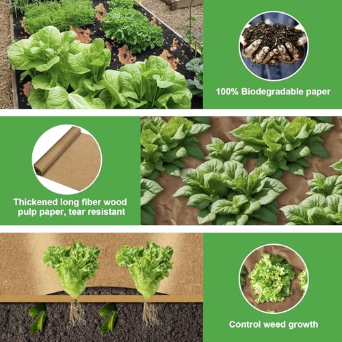Biodegradable Paper Weed Barrier Roll, Thickened Tear Resistance Garden Weed Barrier Heavy Duty Garden Paper Weed Control Landscape Paper Mulch Weed Mat for Outdoor Garden Lawn (3 x 100 FT) - size: 3 x 100 FT