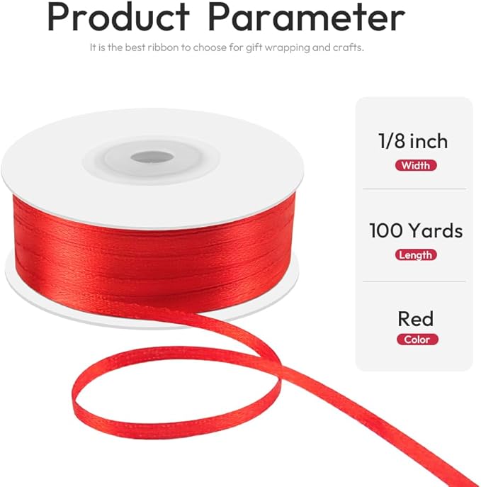 1/8" x 100 Yards Double Faced Satin Ribbon - Thin Silk Red Ribbon with Spool - Ideal for Gift Wrapping, Floral Bouquets, Crafts, Wedding Party Decorations, Christmas and Sewing Projects