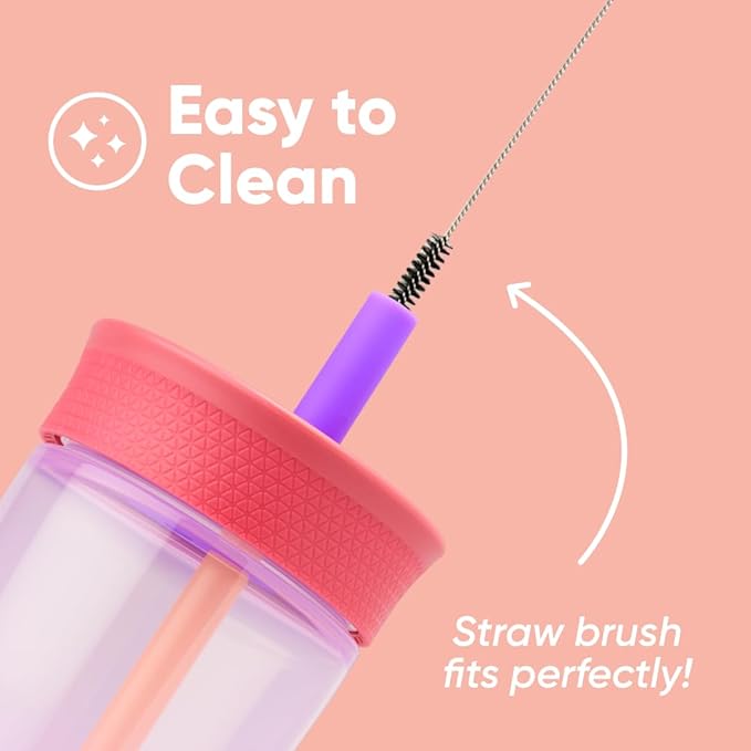 Owala Kids BPA-Free Plastic Tumbler with Spill Resistant Flexible Straw, Easy to Clean, Kids Water Bottle, Great for Travel, Dishwasher Safe, 15 Oz, Pink and Purple (Lilac Rocket)