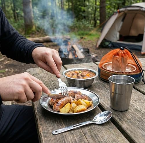 Unique Complete Messware Kit Polished Stainless Steel Dishes Set| Tableware| Dinnerware| Camping| Includes - Cups | Plates| Bowls| Cutlery| Comes in Mesh Bags - style: 2 Person Set Orange