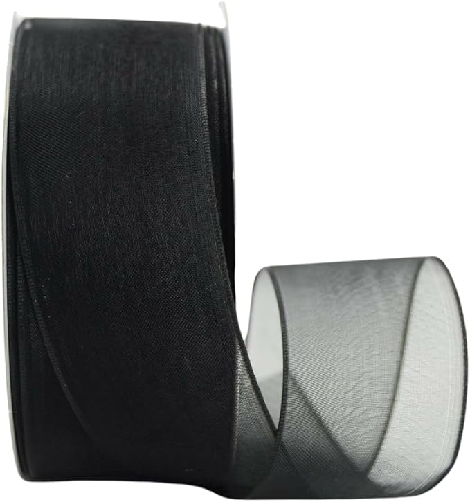 Ribbon Bazaar Sheer Organza Wired Ribbon - 100% Polyester Wire Edged Ribbon for Floral Decor, Table Arrangements, Apparel Embellishment & More - 1-1/2" Black 25yd