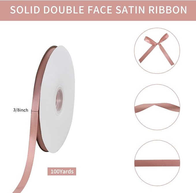 TONIFUL 3/8 in x 100yds Rose Gold Satin Ribbon Thin Solid Fabric Ribbons Roll for Gift Wrapping Invitation Floral Hair Balloons Craft Sewing Party Wedding Popsicles Decoration Valentine's Day Bouquet
