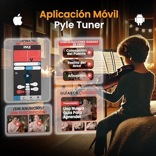Pyle 3/4 Size Beginner Violin Starter Kit, Violin Starter Package with Travel Case & Bow, Extra Strings, Digital Tuner, Shoulder Rest & Cleaning Cloth for Students, Kids, Adults