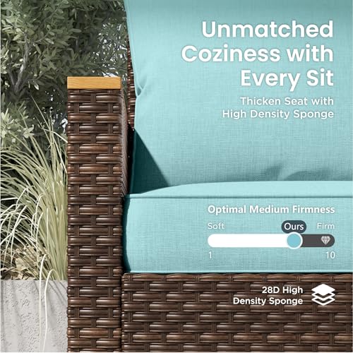 PHI VILLA Half Moon Patio Furniture Set with 56" Fire Pit Table, Outdoor Curved Wicker Sectional Sofa with Cushions and Ottomans, Aqua Blue - color: Aqua Blue+fire Pit, size: 5 Seats - Half Moon