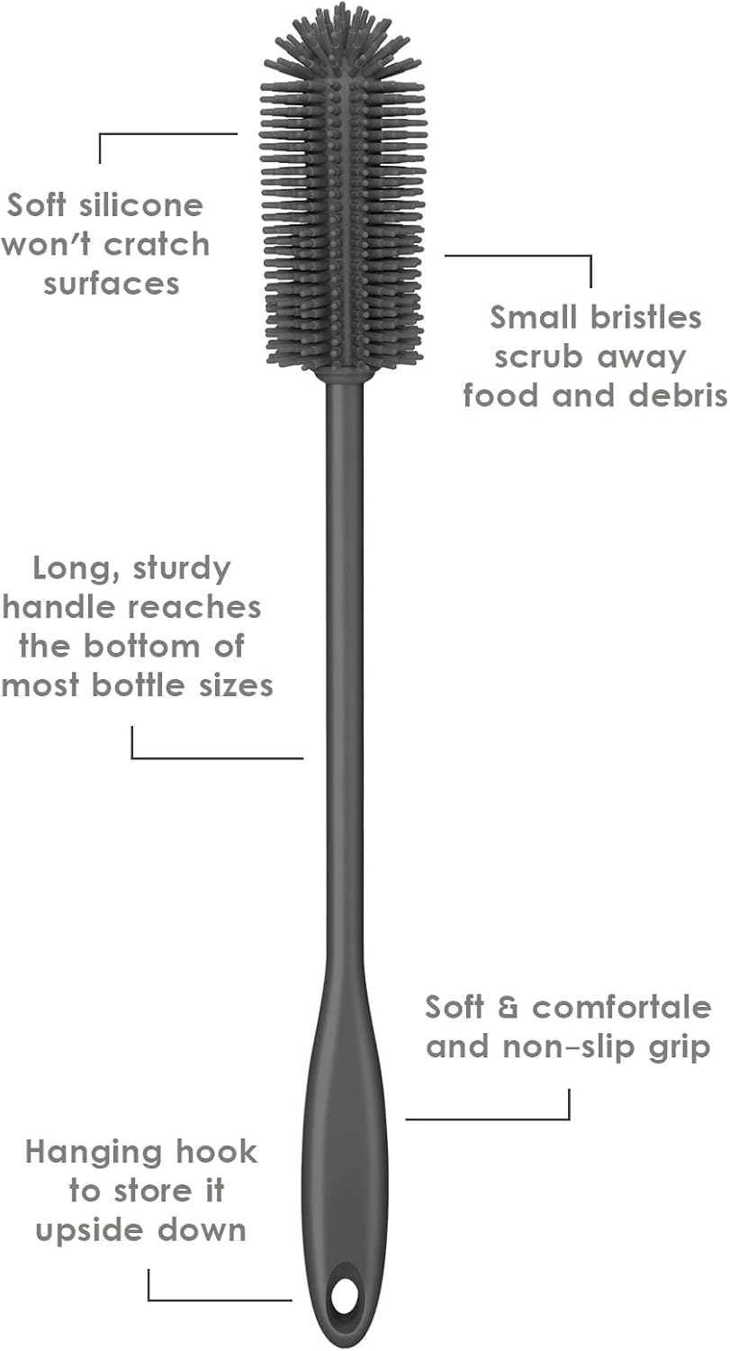 Silicone Bottle Brush, Water Bottle Cleaner Brush with Long Handle, Perfect for Cleaning Narrow Neck Containers, Vacuum Sports Bottle, Tumblers, Flask, Glassware (1 Pack, Charcoal)