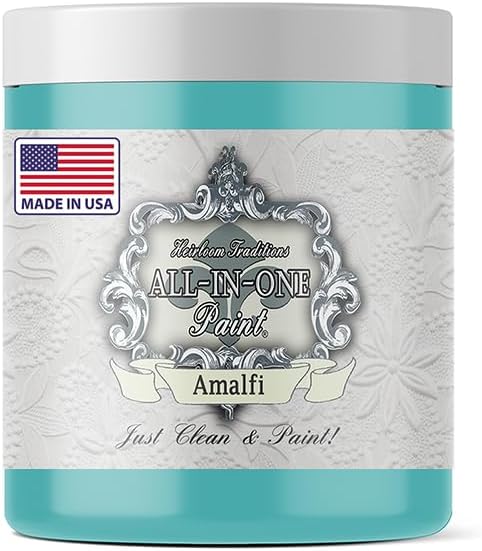 ALL-IN-ONE Paint, Durable cabinet and furniture paint. Built in primer and top coat, no sanding needed. Includes our 30 featured color card - Amalfi (blue aqua), 8oz Sample