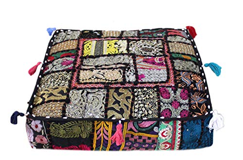CRAFT KALA Indian Square Patchwork Traditional Pouf Cover Indian Living Room Poufs Decorative Embroidered Designer Ottoman Home Living Footstool Chair Cover Decor Pillow Cover 22x22x5 inches, Black